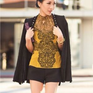 KAREN MILLEN 💯 silk lace print mustard top cap sleeve sheer elegant small XS